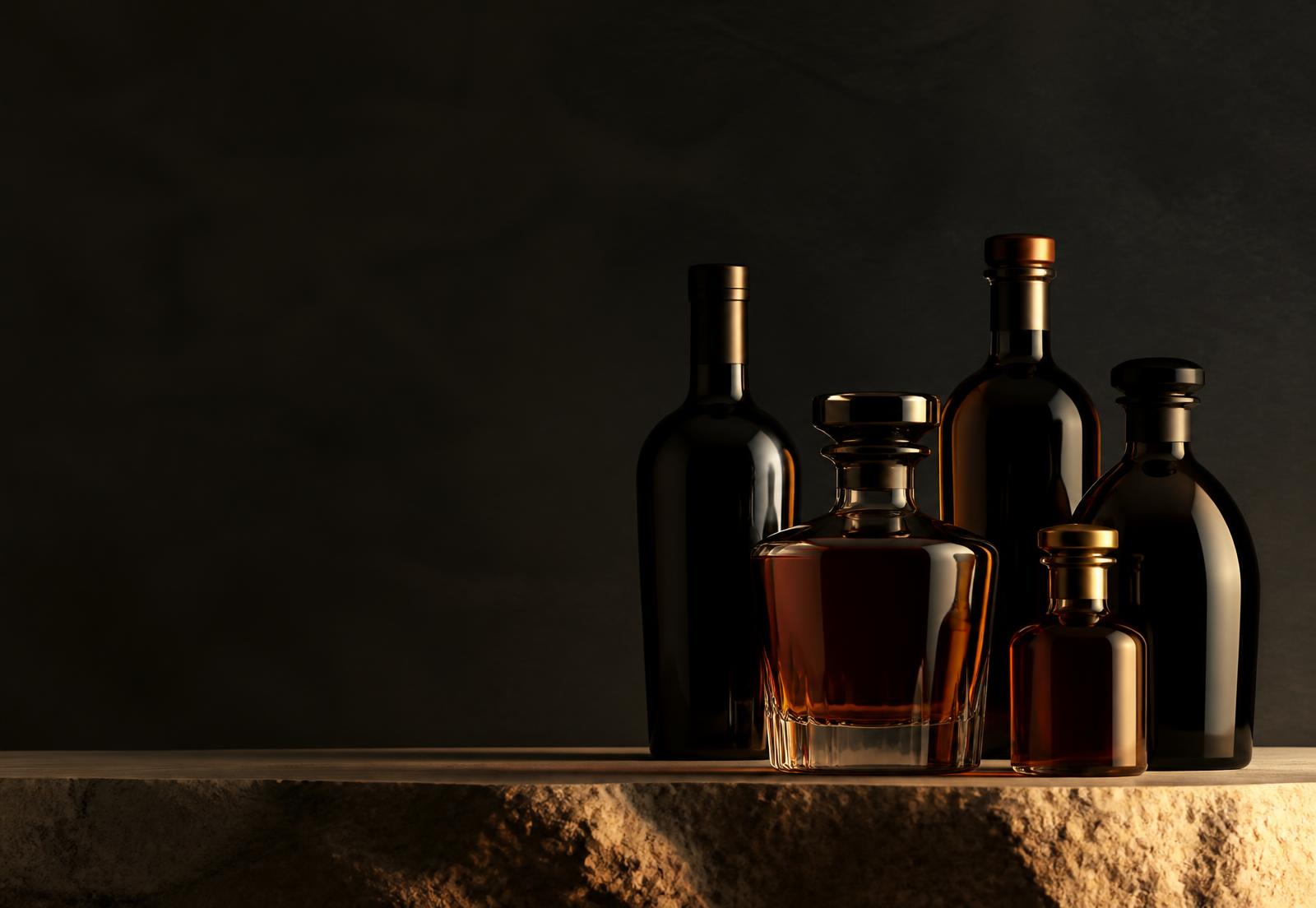 Bottles arranged on a dark counter in a supply room